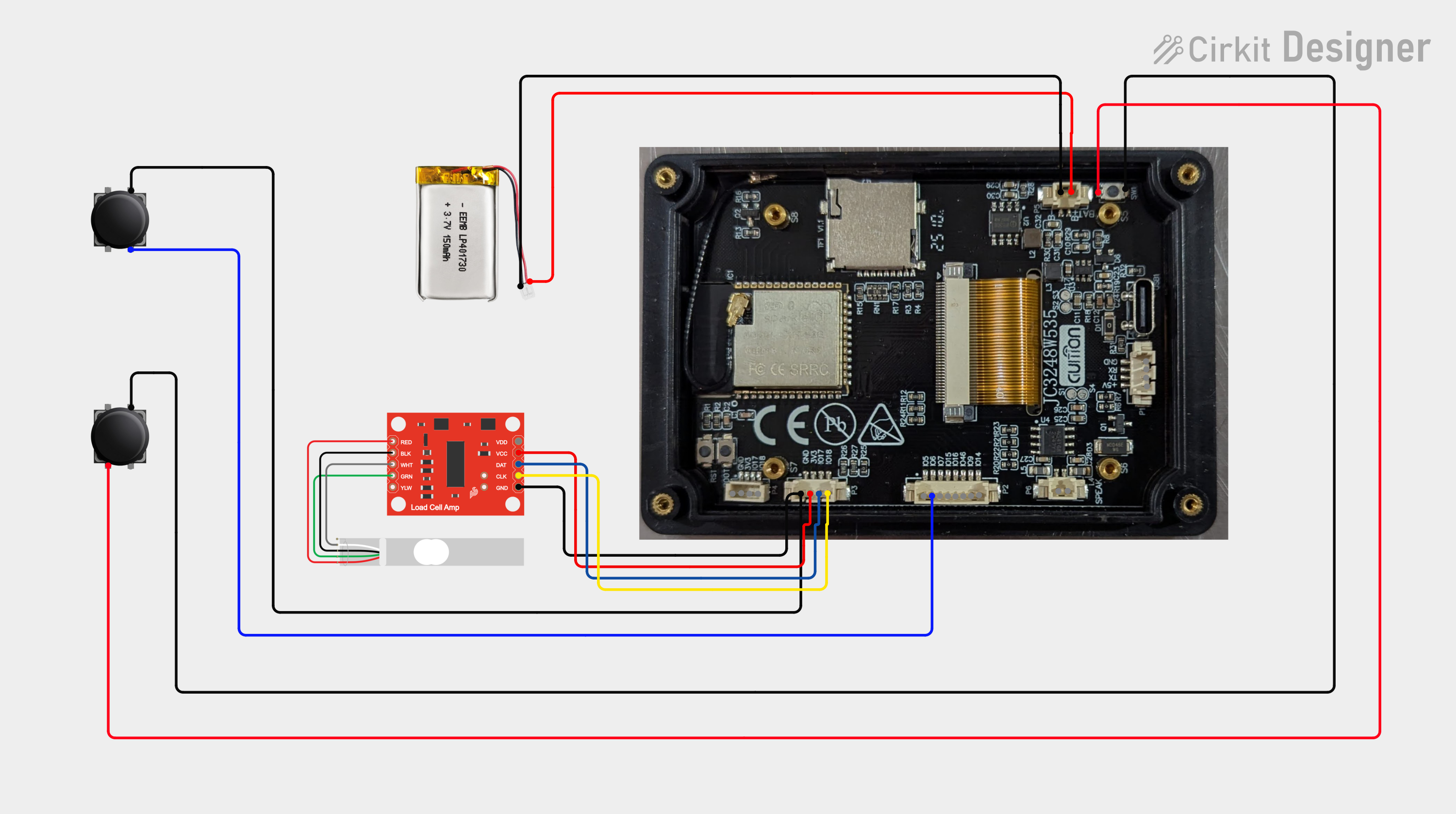 PourBot wiring overview: HX711 data to GPIO17, clock to GPIO18, shared 3.3 volt supply and ground; wake button between GPIO6 and ground; a separate button across the onboard power-switch contacts; battery to the battery connector.